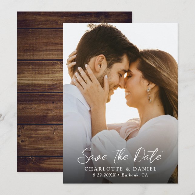 Reserva La Fecha Foto Rustic Wood Boda Save the Date Card (Anverso / Reverso)