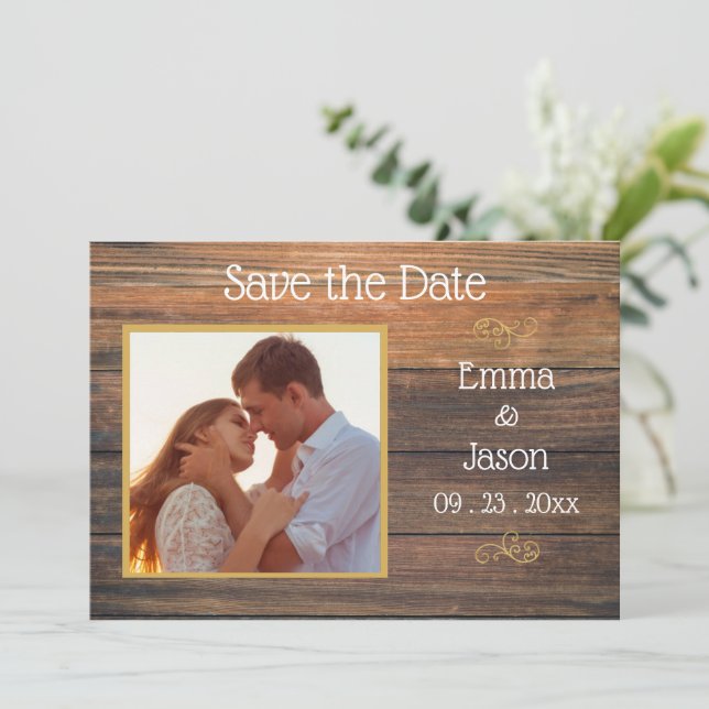 Reserva La Fecha Foto Rustic Wood Grain Typography (Anverso de pie)