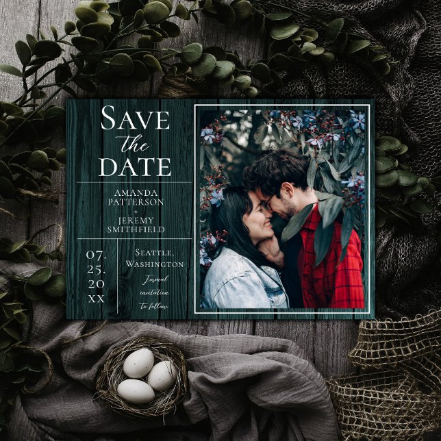 Reserva La Fecha Foto rústica y simple | Verde azulado Guardar la f (Teal Rustic and Simple Photo Save the Date)