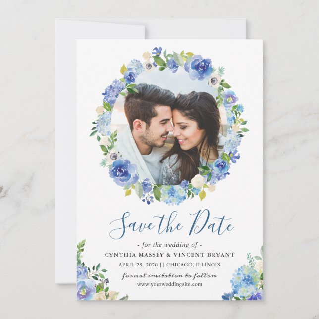 Reserva La Fecha Foto Save the Date Blue Hydrangeas Floral Wreath (Anverso)