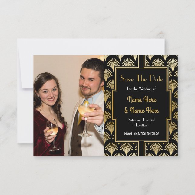 Reserva La Fecha Foto Save The Date Fiesta de Boda Art Deco 1920 (Anverso)