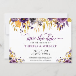 Reserva La Fecha Foto Save the Date Gold Purple Floral Script