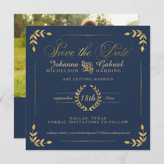 Reserva La Fecha Foto: Save the Date, Navy Gold Laurel Leaf (Anverso / Reverso)