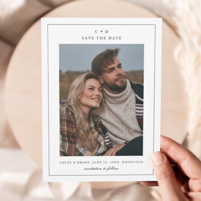 Reserva La Fecha Foto simple de Boda blanco y negro (Simple Monogram 3 Photo Wedding Save the Date.)