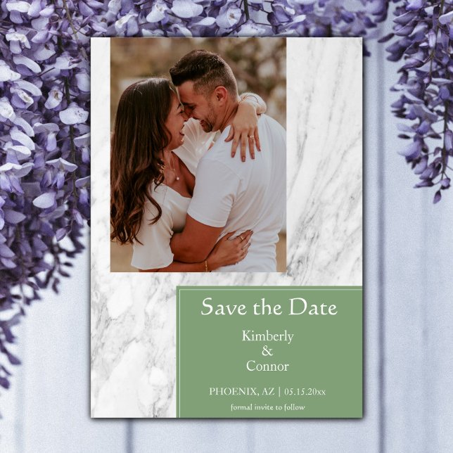 Reserva La Fecha Foto simple marmoleada verde musgo (Moss Green Simple Marbled Photo Save the Date)