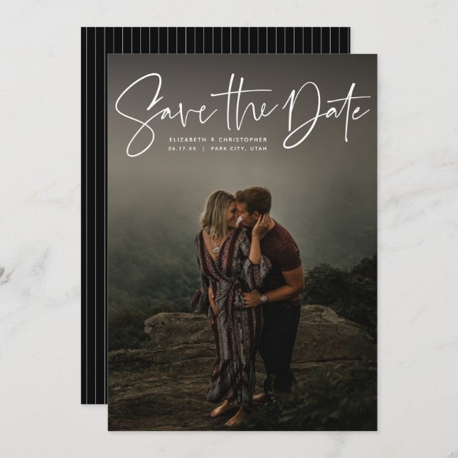 Reserva La Fecha Foto vertical de guión moderno guardar la fecha (Anverso / Reverso)