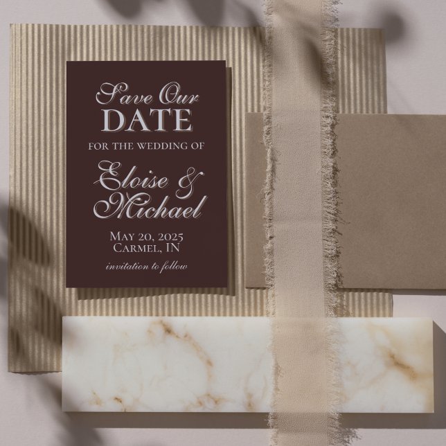 Reserva La Fecha Foto vertical moderna de Mousse Brown Salva la fec (Modern Elegant Mousse Brown Wedding Suite Theme with options to personalize for your special day.)