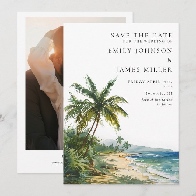 Reserva La Fecha Fotografía de boda con palmeras tropicales acuarel (Anverso / Reverso)