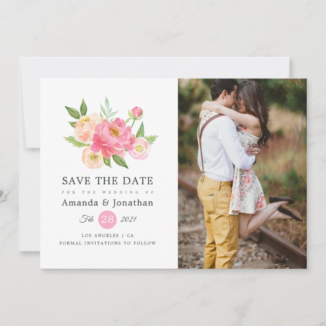 Reserva La Fecha Fotografía de boda de peonías de acuarela de prima (Anverso)