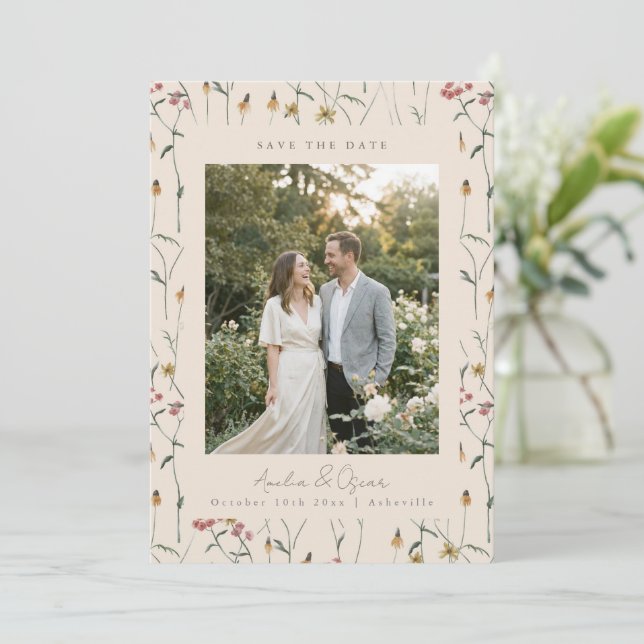Reserva La Fecha Fotografía de boda de pradera boho floral de flor  (Anverso de pie)