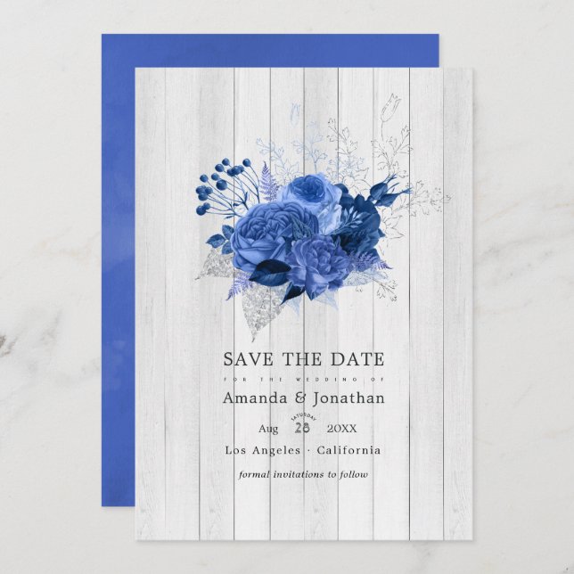 Reserva La Fecha Fotografía de boda floral azul real y plateado rús (Anverso / Reverso)