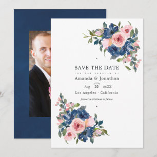 Reserva La Fecha Fotografía de boda floral en acuarela azul marino