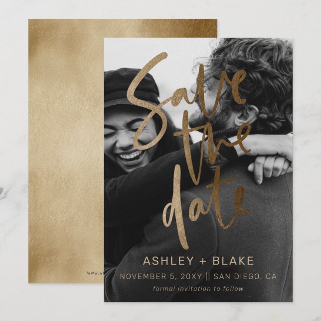 Reserva La Fecha Fotografía de caligrafía manuscrita simple de oro (Anverso / Reverso)