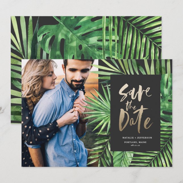 Reserva La Fecha Fotografía de hojas de palmera tropicales y orujo  (Anverso / Reverso)