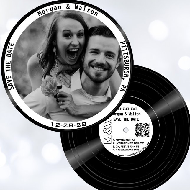Reserva La Fecha Fotografía de Monograma del registro de vinilos -  (Vinyl record style save the date with your photo, monogram, wedding website and QR code.)