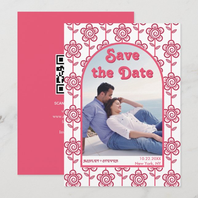 Reserva La Fecha Fotografía inspirada en Groovy Magenta y flores ro (Anverso / Reverso)