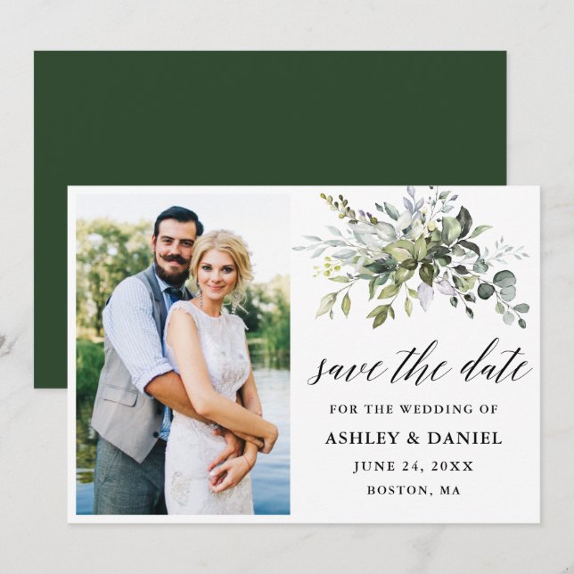 Reserva La Fecha Fotografía moderna de caligrafía verde en pareja (Anverso / Reverso)