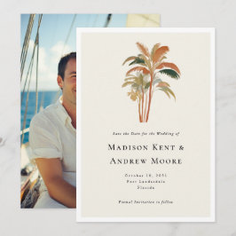 Reserva La Fecha Fotos de boda con acuarelas de palmeras tropicales