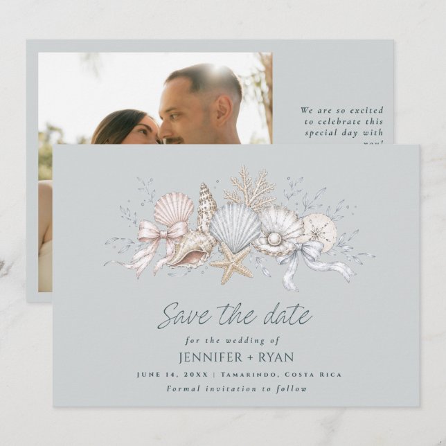 Reserva La Fecha Fotos de boda de playa con conchas costeras  (Anverso / Reverso)