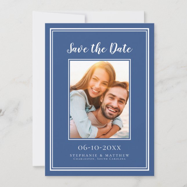 Reserva La Fecha Fotos de Compromiso de Boda Azul Sencillo Moderno (Anverso)