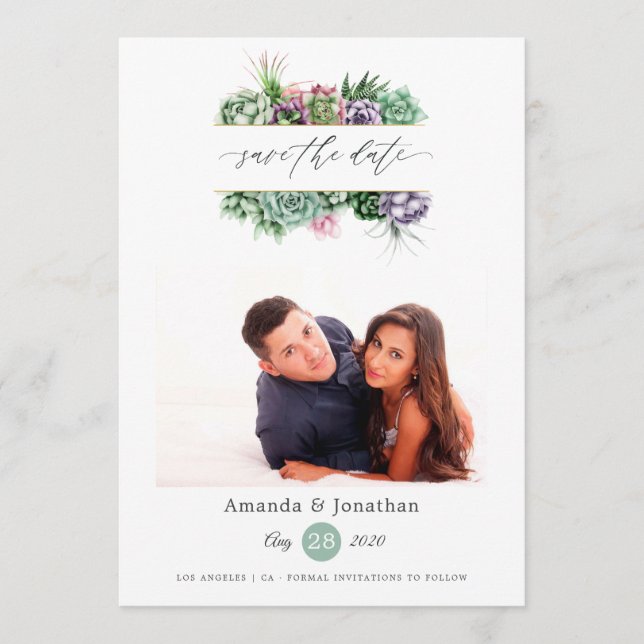 Reserva La Fecha Fotos de plantas suculentas acuarela para boda (Anverso)