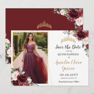 Reserva La Fecha Fotos de Quinceañera Floral Rosa con Burgundy Chic