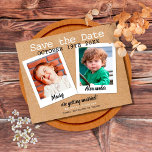 Reserva La Fecha Fotos rusticas de la infancia salvan la fecha<br><div class="desc">Personalice las fotos de su infancia para crear una tarjeta de fecha única para guardar. Al revés se guardan los detalles de fecha adicionales,  incluido el sitio web de su boda. Diseñado por Thisisnotme©</div>
