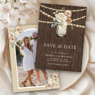 Reserva La Fecha Frasco de Mason Floral Beige Marfil Foto Boda