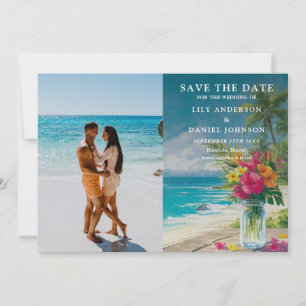 Reserva La Fecha Frasco de Mason Floral de Playa Tropical para Boda