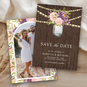 Reserva La Fecha Frasco de Mason Floral Rosa Púrpura Foto Boda