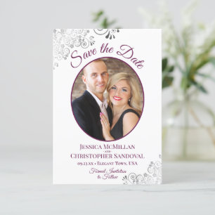 Reserva La Fecha Frilly Silver y Magenta en Boda fotográfico blanco