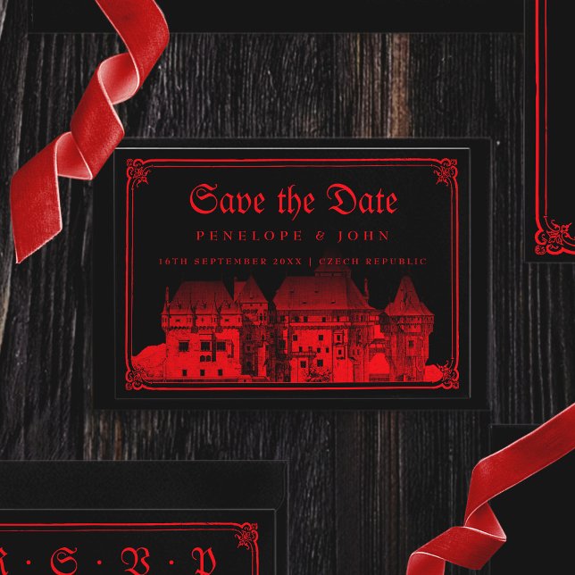 Reserva La Fecha Frontera del Castillo Gótico de Vampiros Boda Negr (Gothic Vampire Castle Border Black Red Wedding Save The Date)