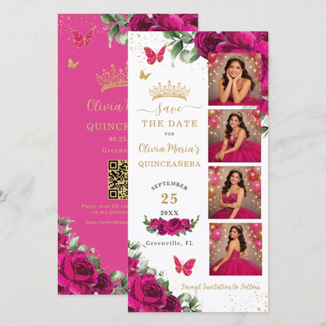 Reserva La Fecha Fuchsia Floral Photo Booth Quinceanera QR code (Anverso / Reverso)