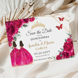 Reserva La Fecha Fuchsia Floral Twins XV Quinceañera Guardar fecha