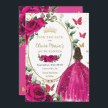 Reserva La Fecha Fuchsia Hot Pink Floral Princesa Vestido Quinceañe<br><div class="desc">Personalice esta bonito fuchsia floral rosa caliente Quinceañera / dulce 16 cumpleaños, salve la fecha fácil y rápidamente. Simplemente haga clic en el botón personalizar para editar los textos, cambiar las fuentes y los colores de las fuentes. Con un chica vestido con un hermoso vestido de fuchsia purpurinoso, vibrantes rosas...</div>