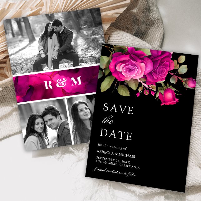 Reserva La Fecha Fuchsia Hot Pink Roses Photo Collage Black Wedding (Subido por el creador)