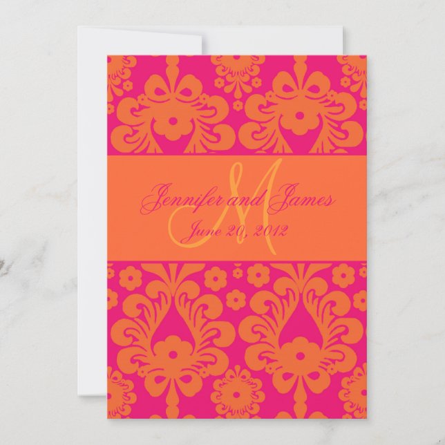 Reserva La Fecha Fuchsia Naranja Damask Wedding Save the Date (Anverso)