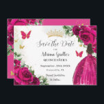 Reserva La Fecha Fuchsia Princesa Floral Rosa Caliente Oro Quinceañ<br><div class="desc">Personalice esta bonito fuchsia floral rosa caliente Quinceañera / dulce 16 cumpleaños, salve la fecha fácil y rápidamente. Simplemente haga clic en el botón personalizar para editar los textos, cambiar las fuentes y los colores de las fuentes. Con un chica vestido con un hermoso vestido de fuchsia purpurinoso, vibrantes rosas...</div>