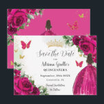 Reserva La Fecha Fuchsia Princesa Floral Rosa Caliente Oro Quinceañ<br><div class="desc">Personalice esta bonito fuchsia floral rosa caliente Quinceañera / dulce 16 cumpleaños, salve la fecha fácil y rápidamente. Simplemente haga clic en el botón personalizar para editar los textos, cambiar las fuentes y los colores de las fuentes. Con un chica vestido con un hermoso vestido de fuchsia purpurinoso, vibrantes rosas...</div>