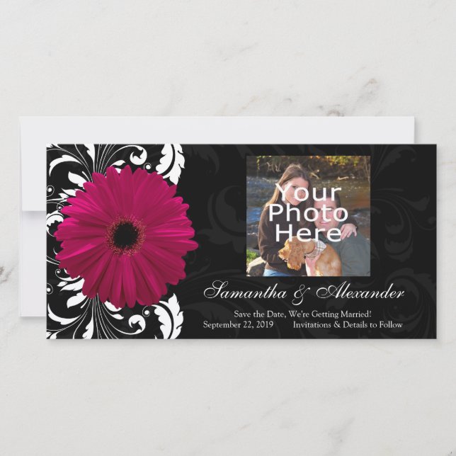 Reserva La Fecha Fuchsia Scroll Gerbera Daisy con negro y blanco (Anverso)