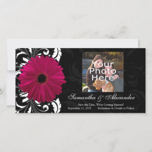 Reserva La Fecha Fuchsia Scroll Gerbera Daisy con negro y blanco