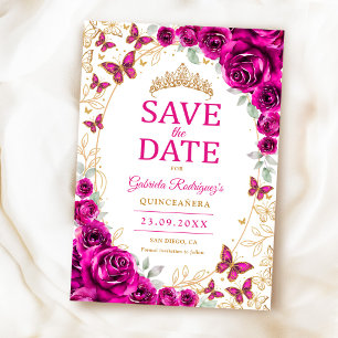 Reserva La Fecha Fucsia Rosa Dorado Quinceañera Floral