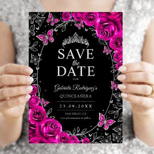 Reserva La Fecha Fucsia Rosa Negro Plata Quinceañera Floral