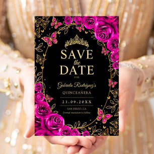 Reserva La Fecha Fucsia Rosa Negro Quinceañera Floral Dorado