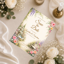 Reserva La Fecha Fuente de Jardín Romántico Elegancia Boda