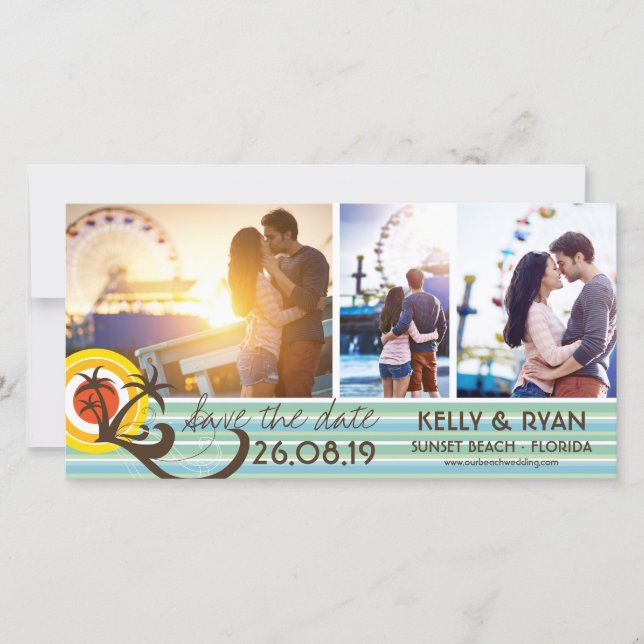 Reserva La Fecha Fun Retro Tropical Beach Sunset Palm Trees 3 Foto (Anverso)