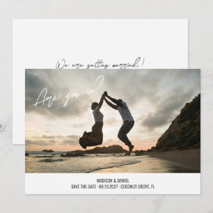 Reserva La Fecha Fun script font full bleed photo Are you in