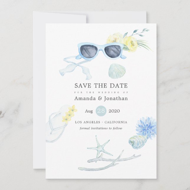 Reserva La Fecha Fun Watercolor Summer Beach Wedding (Anverso)