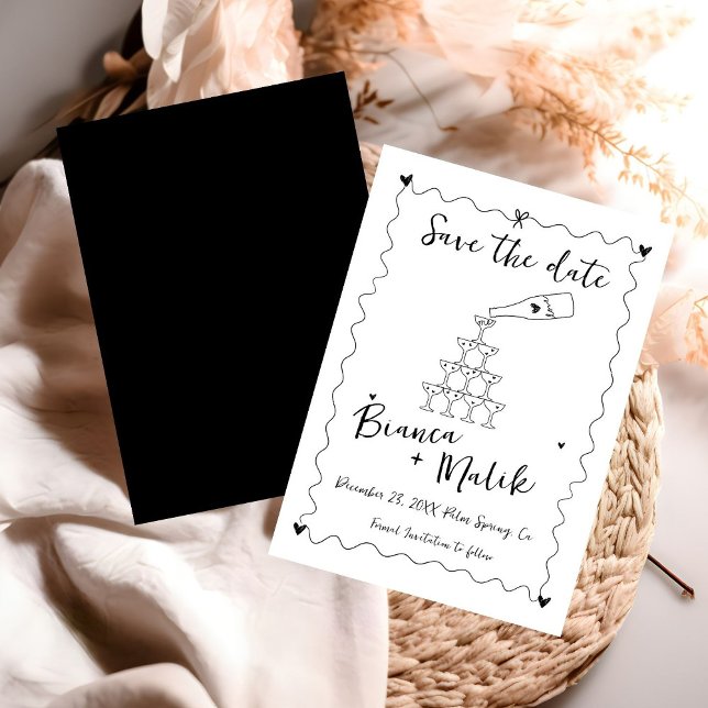 Reserva La Fecha Funky Black Handwriter Champagne Tower Boda (Subido por el creador)