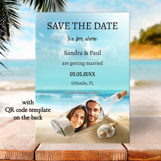 Reserva La Fecha Funny Beach Bottle Wedding Save the Date Card (Funny beach wedding Save the Date card featuring a bottle washed ashore with your custom photo)